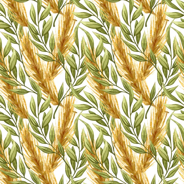 Padrão Sem Costura Aquarela Com Orelhas Ouro Trigo Galhos Verdes — Fotografia de Stock