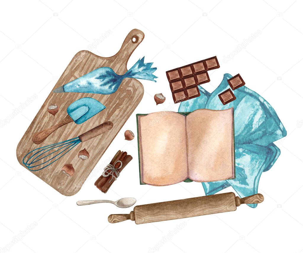 Baking watercolor illustration with kitchen utensils, chopping board, spoon, rolling pin, chocolate bar, whisk, nuts, recepie book on white background. Top view. Cooking clip art.  Baking concept.