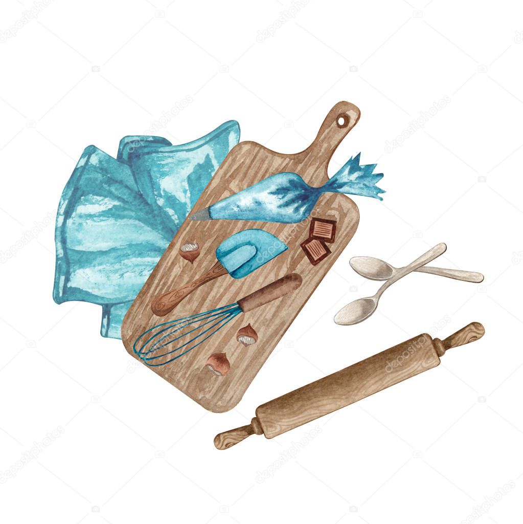 Baking watercolor illustration with kitchen utensils, chopping board, spoons, rolling pin, chocolate bar, whisk, nuts on white background. Top view. Hand drawn Cooking clip art.  Baking concept.