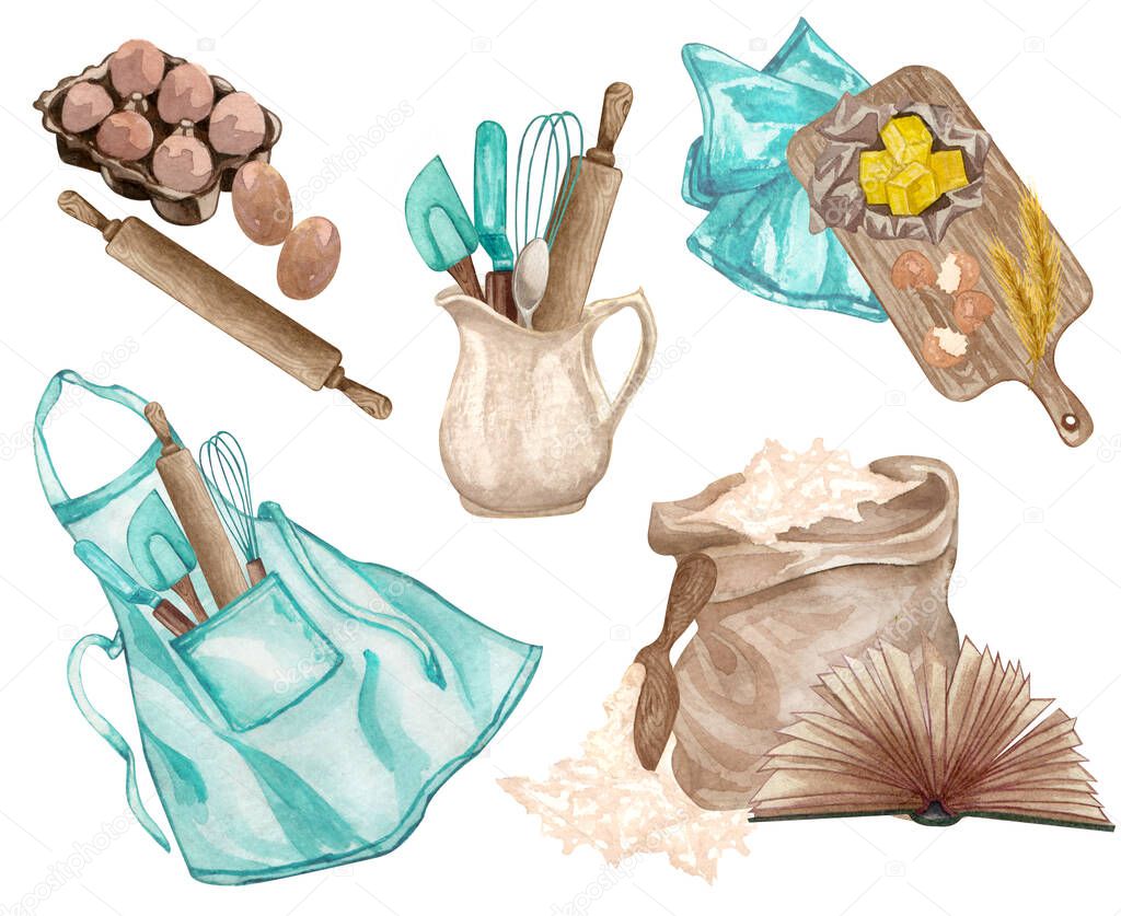 Baking watercolor set with kitchen utensils, chopping board, butter,  rolling pin, flour, eggs, blue apron, recepies book, whisk on white background.  Cooking clip art.  Baking illustration.