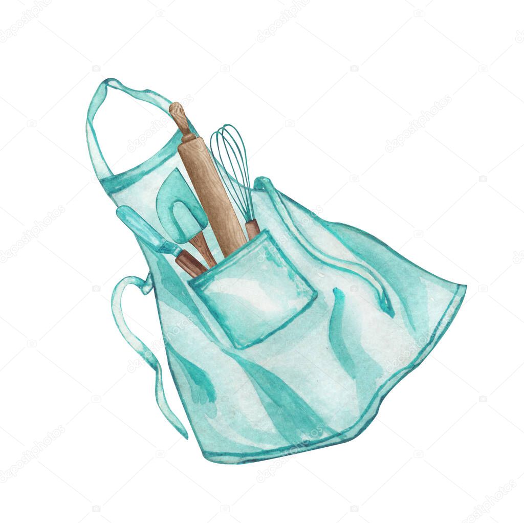 Baking watercolor illustration with kitchen utensils inside a apron on white background. Top view. Hand drawn Cooking clip art.  Baking concept.