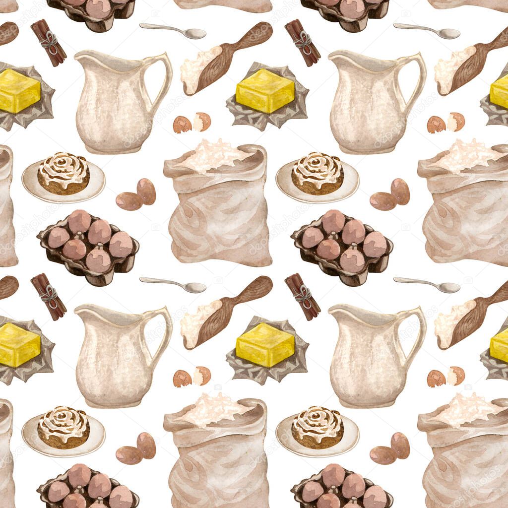 baking watercolor seamless pattern with kitchen utensils on white background. Hand drawn illustration.
