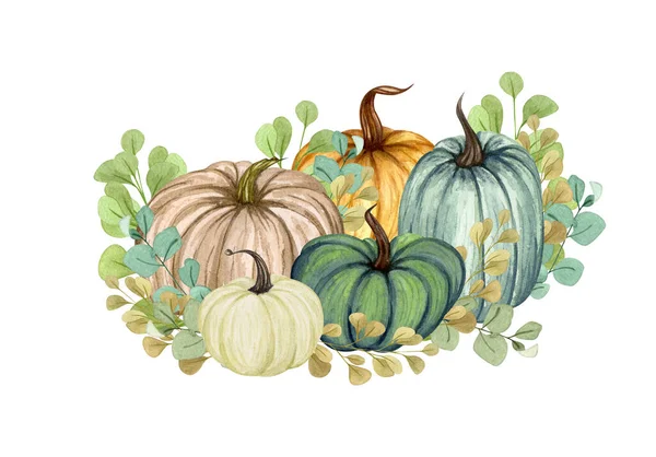 Illustrazione ad acquerello, zucche floreali, clip art Halloween, elementi di design autunno, autunno, clip art vacanza isolato su sfondo bianco — Foto Stock