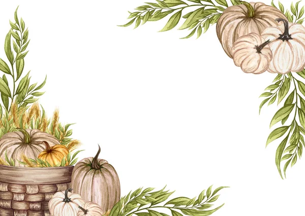 Akvarell keret őszi sütőtökkel. Virágos elrendezése színes sütőtök és szárított gallyak. Szüret koszorúja. — Stock Fotó