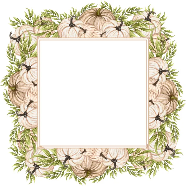 Aquarel frame met herfst pompoenen. Bloemen arrangement met kleur pompoenen en gedroogde twijgen. Oogsttoorn. — Stockfoto