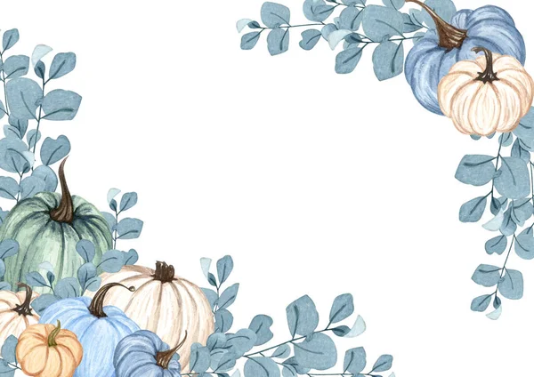 Cadre aquarelle avec citrouilles d'automne. Arrangement floral avec des citrouilles de couleur et des brindilles séchées. Couronne de récolte. — Photo