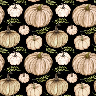 Suluboya balkabakları kusursuz desen. Çiçek dallarıyla el çizimi sonbahar balkabağı. Sonbahar arkaplanı.