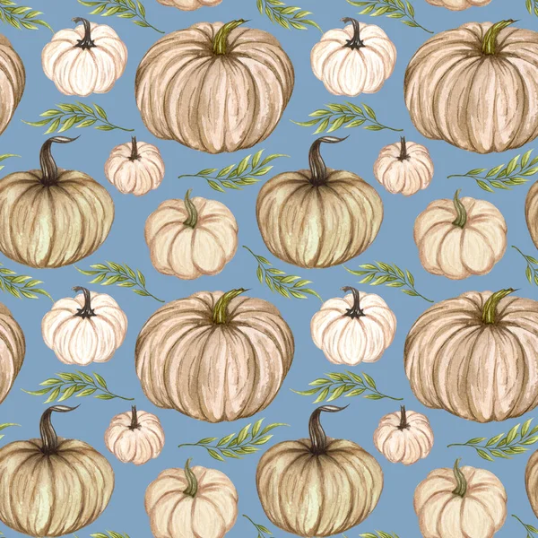 Watercolor pumpkins seamless pattern. Hand drawn autumn pumpkin with floral twigs. Fall background. — Stock Photo, Image
