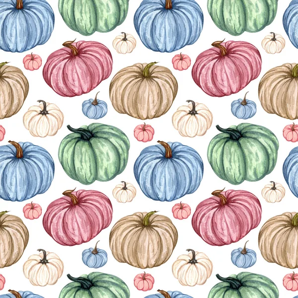 Watercolor pumpkins seamless pattern. Hand drawn autumn pumpkin with floral twigs. Fall background. — Stock Photo, Image