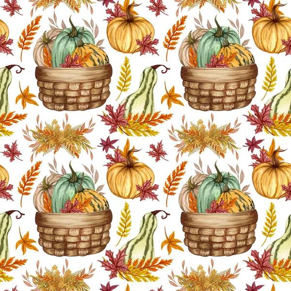 Watercolor pumpkins seamless pattern. Hand drawn autumn pumpkin with floral twigs. Fall background. — Stock Photo, Image