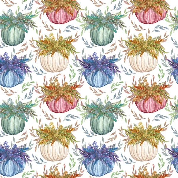 Watercolor pumpkins seamless pattern. Hand drawn autumn pumpkin with floral twigs. Fall background. — Stock Photo, Image