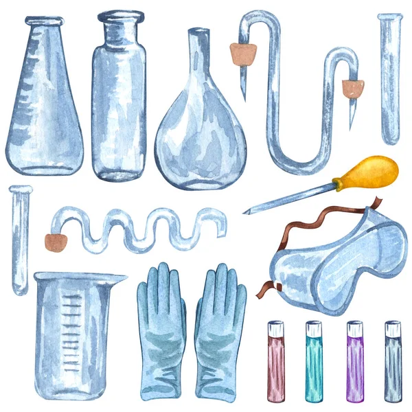 Tüpler ve camlardan oluşan suluboya kimya laboratuvarı ekipmanları. El çizimi çizimi. Okul seti