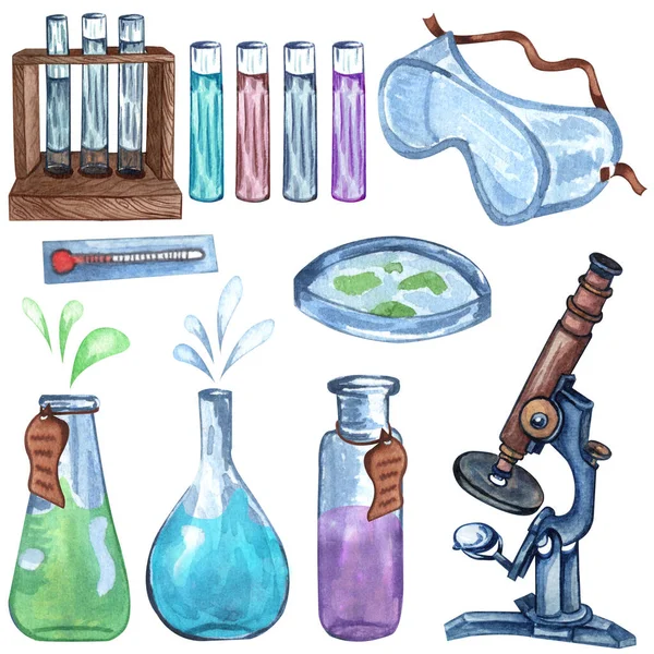 Equipo de laboratorio de química de acuarela de tubos y vidrio. Ilustración hecha a mano. Conjunto escolar —  Fotos de Stock
