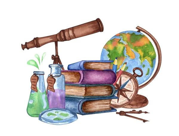 Akvarell vintage tudományos berendezések földgömb, mikroszkóp, könyvek, teleszkóp, iránytű. Kézzel rajzolt illusztráció. Iskolai készlet. — Stock Fotó