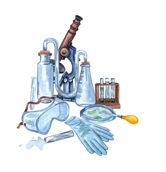 Akvarelové vědecké vybavení mikroskopu, skla, laboratorních nástrojů. Ručně kreslená chemická ilustrace. Školní sada — Stock fotografie