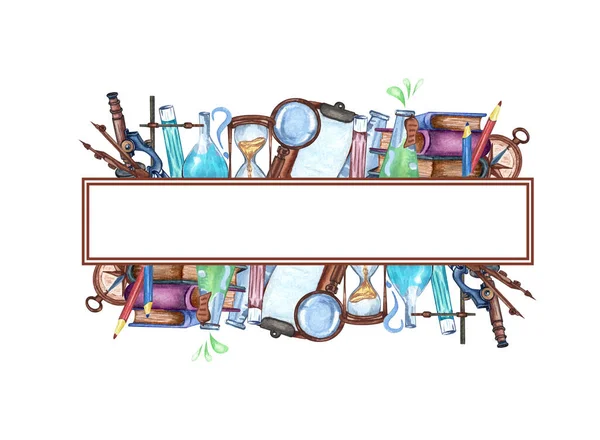 Υδατογραφία πλαίσιο της επιστήμης του εξοπλισμού laboratpry, μικροσκόπιο, μεγεθυντικός φακός, κλεψύδρα, εργαλεία χημείας, βιβλία. Χειροποίητη απεικόνιση. Στεφάνι σχολείου — Φωτογραφία Αρχείου