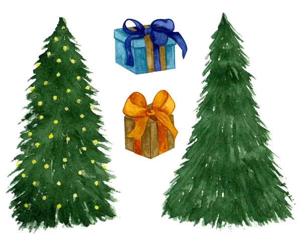 Рождественская акварель. Рождественская елка с огнями и подарочными коробками. Ручная иллюстрация. — стоковое фото