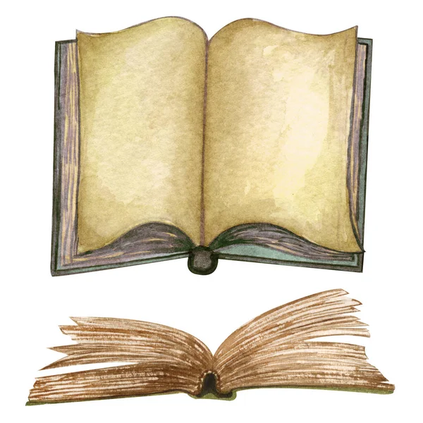 Suluboya klasikler. El çizimi bir yığın eski kitap, açık kitap, nadir kağıt, mumlar. Antika eşyalar. Eski ve nadir elementler — Stok fotoğraf