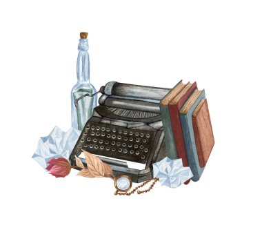 Klasik illüstrasyon beyazda izole edilmiş. El çizimi suluboya kompozisyon daktilo, mektup, kolye, kitaplar. Antika eşyalar. Yazıcı