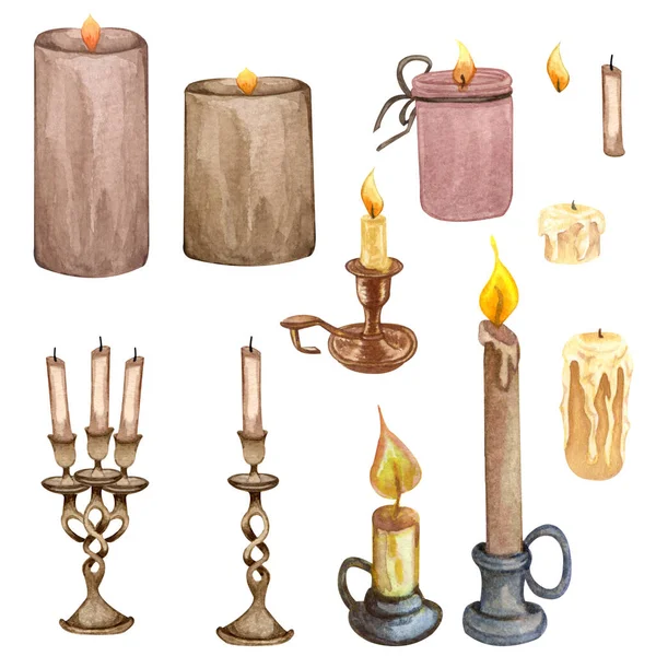 Set di candele sagomate. Illustrazione ad acquerello dei portacandele vintage. — Foto Stock