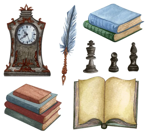 빈티지는 흰색에 분리되어 있습니다. 손으로 그린 잉크 깃털의 수채화, 희귀 한 시계, 열린 책, 오래 된 책. 흰색에 있는 오래 된 물체 — 스톡 사진