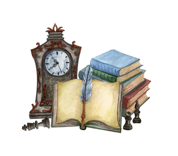 Illustrazione vintage isolata su bianco. Composizione ad acquerello disegnata a mano di piuma d'inchiostro, orologio raro, libro aperto, vecchi libri. Oggetti antichi su bianco — Foto Stock