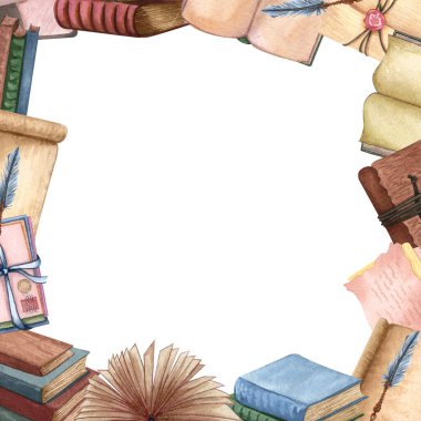 Suluboya kitap çerçevesi, eğitim sanat kütüphanesi, kitaplıklar el çizimi illüstrasyonlar. Kitaplı kare çerçeve. Okula geri dön.