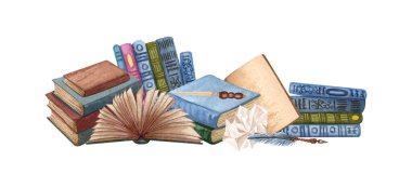 Suluboya kitap çerçevesi, eğitim sanat kütüphanesi, kitaplıklar el çizimi illüstrasyonlar. Kitaplı kare çerçeve. Okula geri dön.