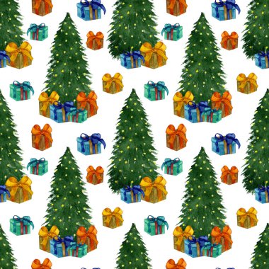 Noel ağacı ve hediye kutularıyla suluboya desenli. El yapımı hediyeler ve hediyeler. Noel arkaplanı.