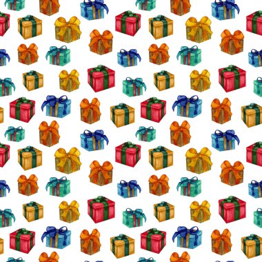 Hediye kutularıyla suluboya kusursuz desen. El yapımı hediyeler ve hediyeler.