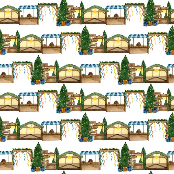 Mercado de Navidad acuarela y árbol siempreverde. Diseño de vacaciones de invierno dibujado a mano para tarjetas de felicitación de Navidad y Año Nuevo, tela. Patrón sin costura —  Fotos de Stock