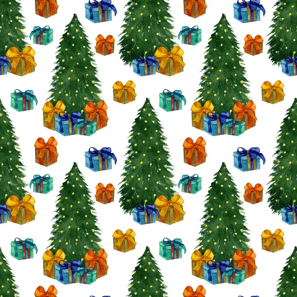 Patrón sin costuras de acuarela con árbol de Navidad y cajas de regalo. Regalos dibujados a mano. Fondo de Navidad. — Foto de Stock