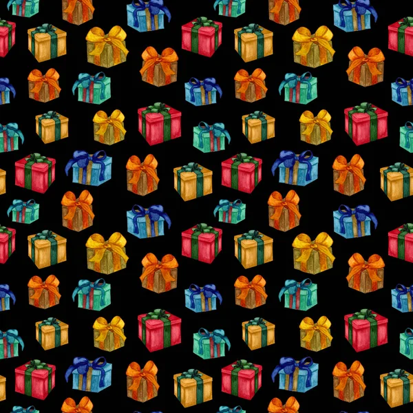 Watercolor seamless pattern with gift boxes. Hand drawn presents and gifts. — Stock Photo, Image