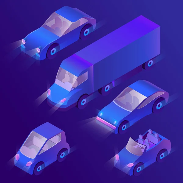 Vektor 3d isometrische violette Autos mit Scheinwerfern — Stockvektor