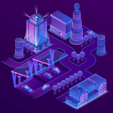 3D izometrik şehir ultra mor renklerde vektör