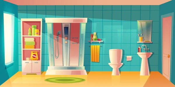Interior del baño vectorial, cabina de ducha y lavabo — Vector de stock