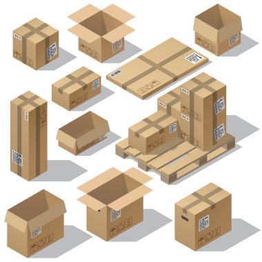 Karton ambalaj 3D izometrik set vektör