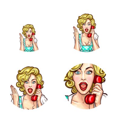 Pop art kadın veya kız sürpriz ifade vektör ile telefon alıcı tarafından konuşma retro kroki Icons set izole