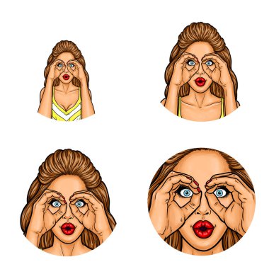 Vektör pop sanat avatar, simge - seksi esmer kadın katlanmış kollarını dürbün bakıyor sanki. Gösterim amacıyla sohbet, blog, iş bağlantıları