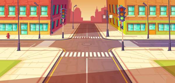City crossroads, intersection vector illustration. Urban highway, crosswalk with traffic lights.