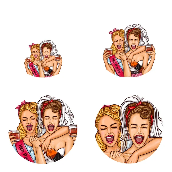 Vector meninas, noiva galinha festa pop arte avatar ícones — Vetor de Stock