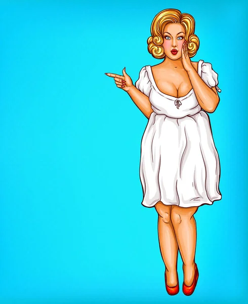 Vektorfett, fettleibige blonde Pin-up-Frau, Pop-Art plus Size-Model im weißen Kleid, das mit dem Finger auf Rabatte zeigt, Verkauf. Mode-Illustration. — Stockvektor