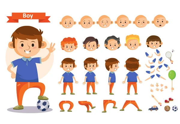 Jongen spelen sport en speelgoed vector cartoon jongen teken constructor geïsoleerd lichaam delen pictogrammen — Stockvector