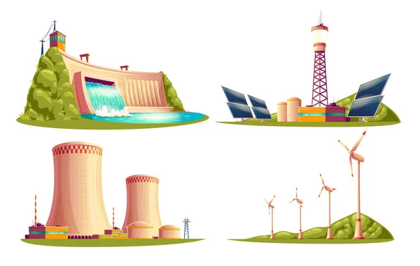 Conjunto isolado de centrais eléctricas de desenhos animados vetoriais —  Vetores de Stock