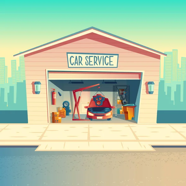 Vettoriale officina meccanica dei cartoni animati con auto, garage — Vettoriale Stock