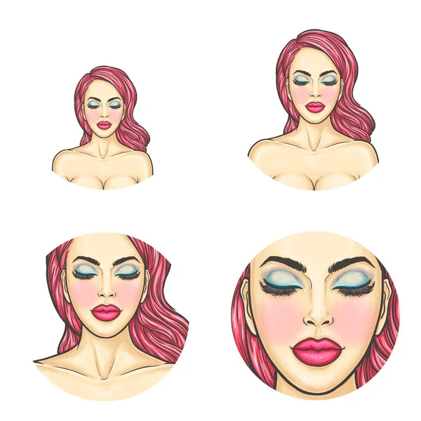 Vektor avatar seni pop, ikon wanita seksi wajah dengan rambut diwarnai, makeup cerah untuk chatting, blog, jaringan . - Stok Vektor