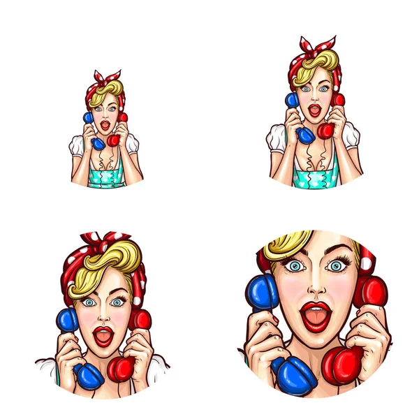 Pop-art nő vagy lány beszél pletykák a telefon nyitott szájjal vektor elszigetelt retro vázlat ikonok beállítása — Stock Vector