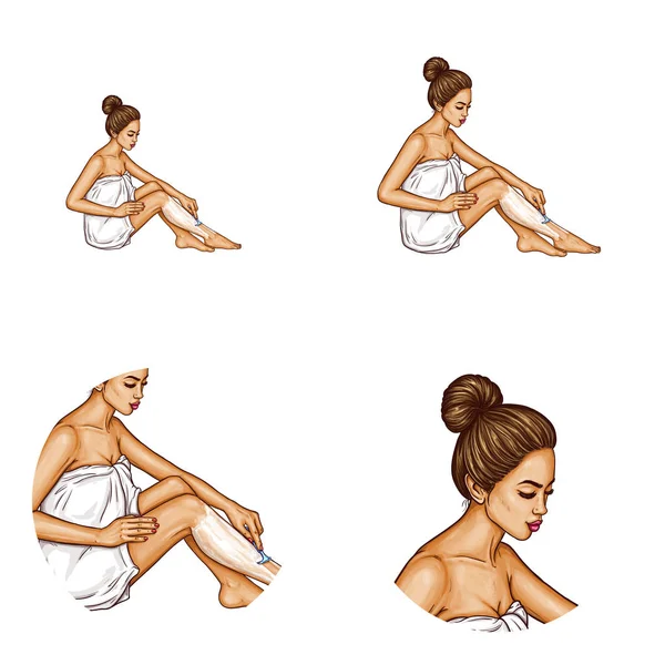 Vector pop art avatar - sexy brunette woman in white towel shaves legs with razor blade. Networking icon for chat — Stock Vector