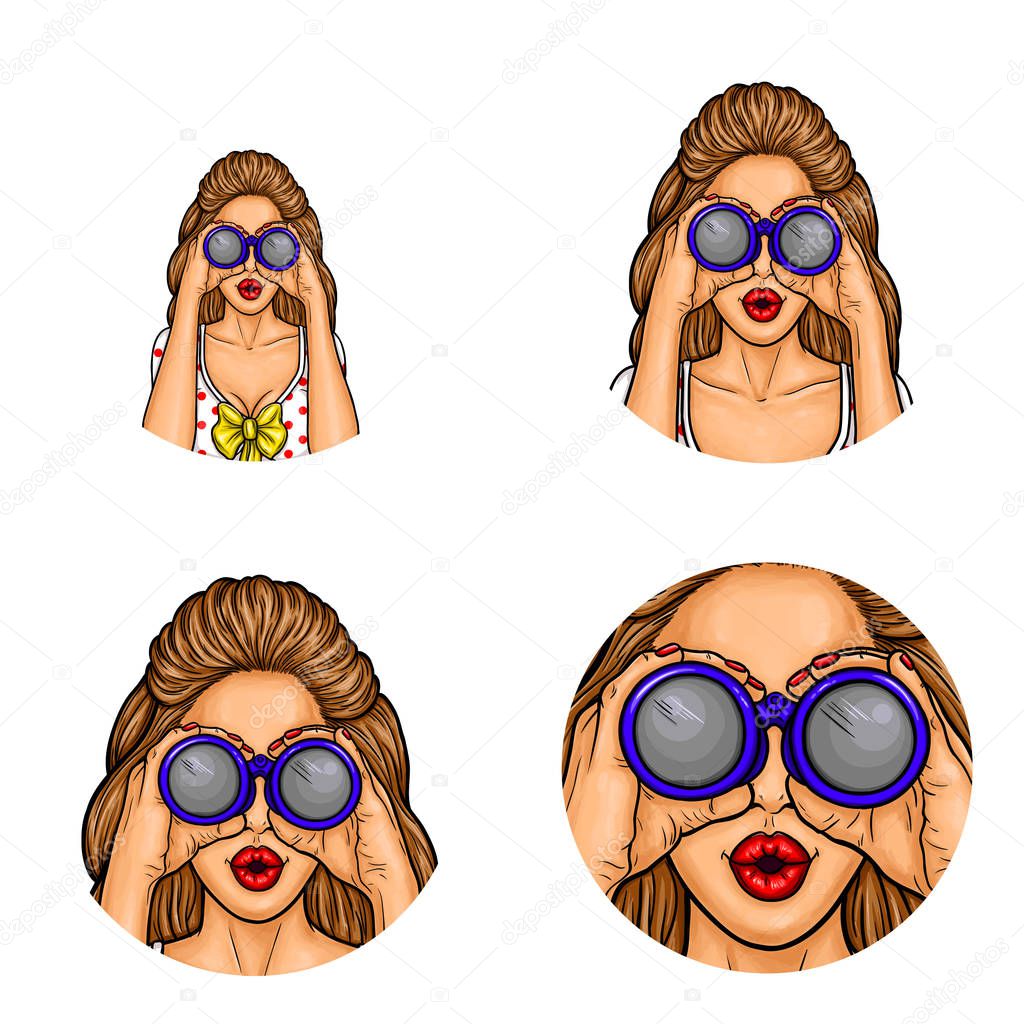 Vector avatar, icon - sexy brunette woman with bow-knot on clothes looks through binoculars. Sale, discount, surprise, wow pin up illustration with fashion model for chat, blog, networking