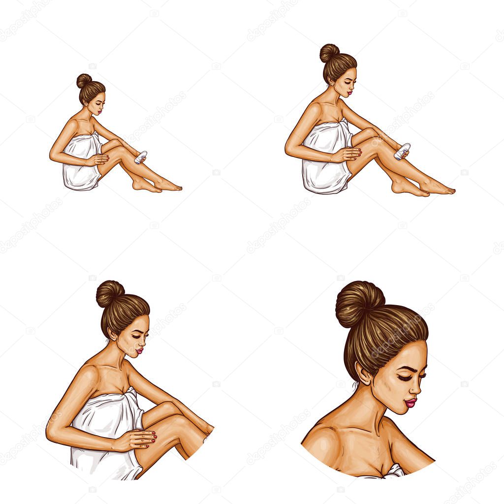 Vector pop art avatar - sexy brunette woman in white towel shaves legs with electric razor, shaver. Networking icon for epilation, skin care, spa, domestic cosmetology with pin up fashion model.
